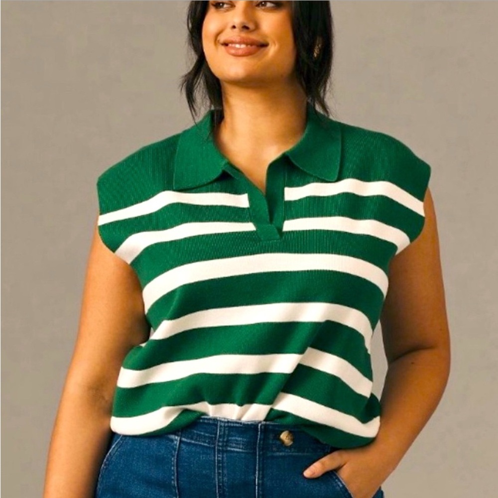 NWT Anthropologie Maeve Green and White Striped Sleeveless Polo Top XS